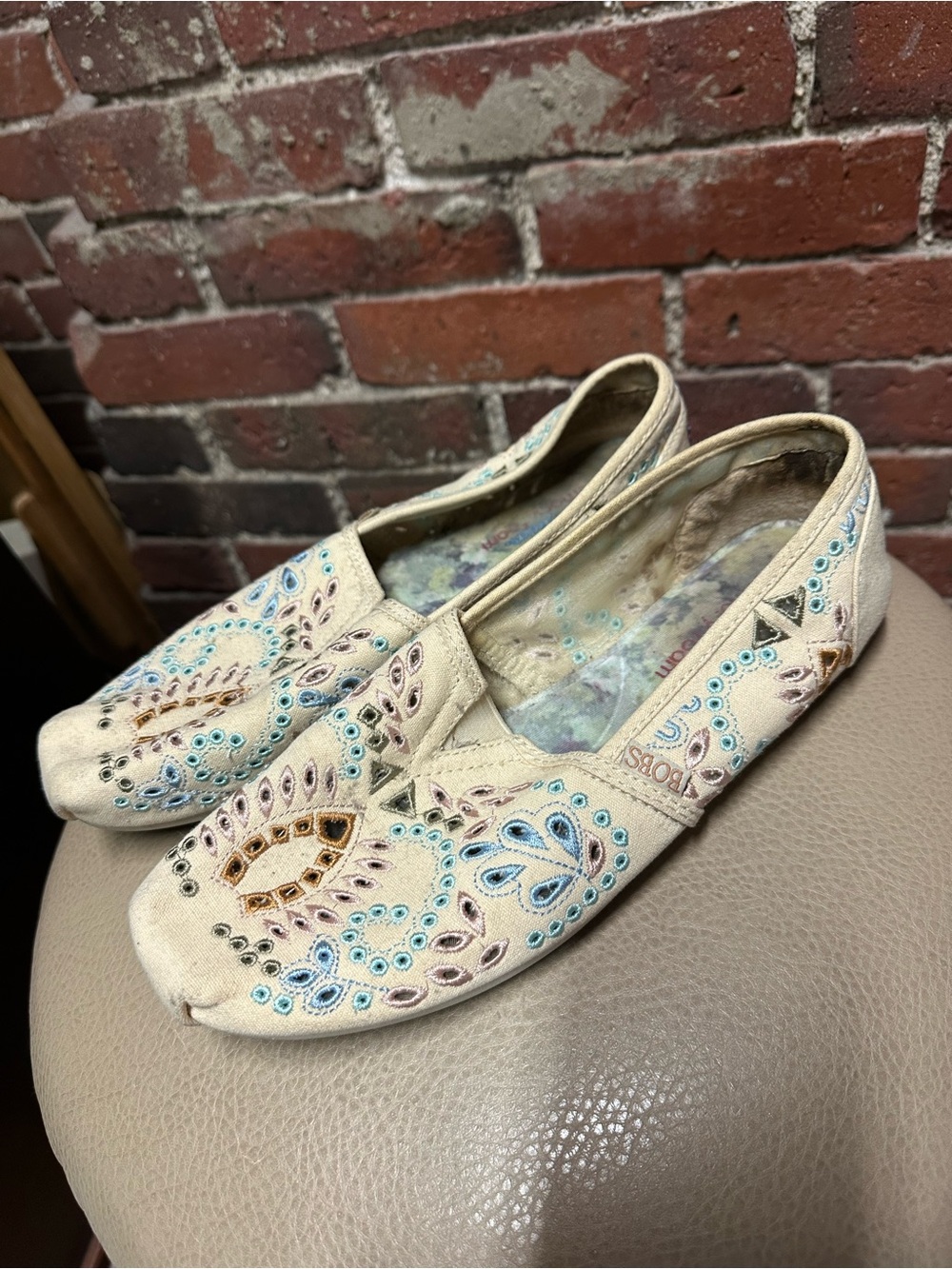 BOBS Cream Embroidered Slip-On Flats with Blue and Tan Details